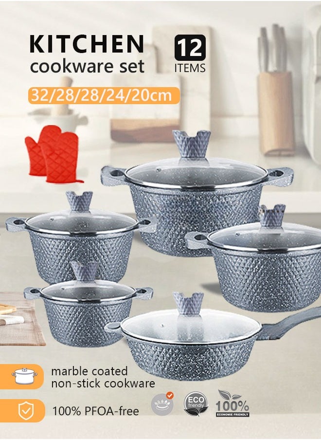 HK - 12-Piece Kitchen Cookware set, Casserole Set And Frying Pan With Non Stick Cookware sets ,Finish Glass lid PFOA-Free  20-24-28-32 cm (Deep Stockpot) + 28 cm (deep Frying Pan)+ Pair Of Gloves（Grey） - Image 1