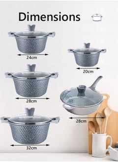 HK 12-Piece Kitchen Cookware set, Casserole Set And Frying Pan With Non Stick Cookware sets ,Finish Glass lid PFOA-Free  20-24-28-32 cm (Deep Stockpot) + 28 cm (deep Frying Pan)+ Pair Of Gloves（Grey）  - Image 4