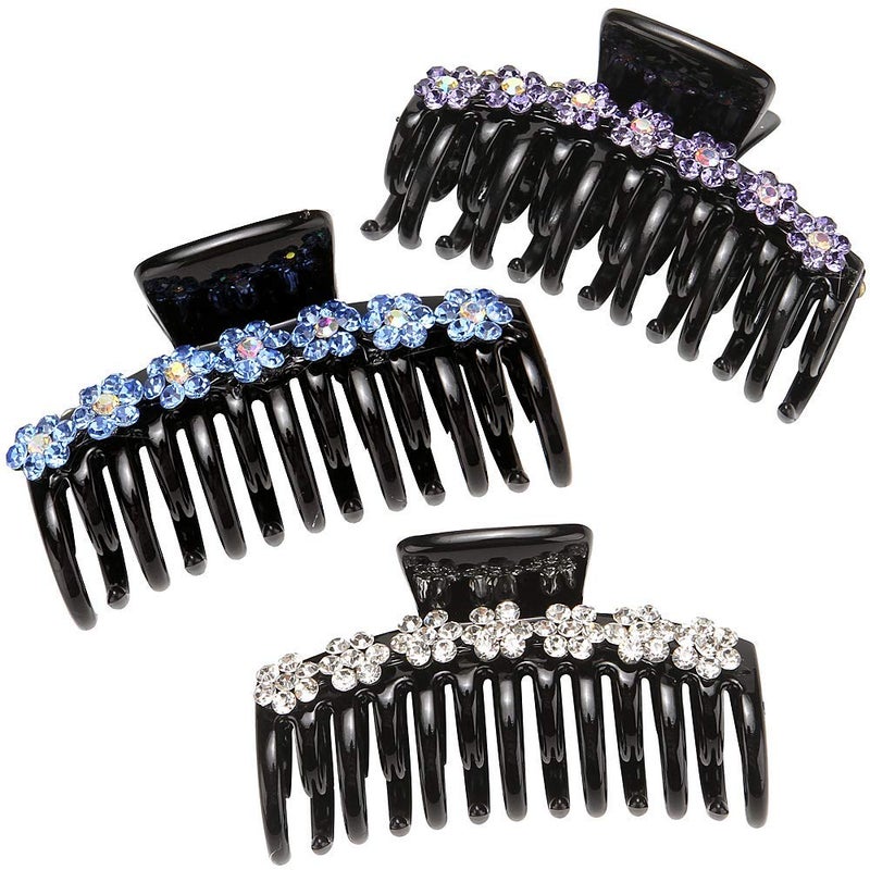 LONEEDY 3PCS Strong Hold Hair Claw Clips Rhinestone Flower Double Teeth Jaw Clips LWhite  purple  blue