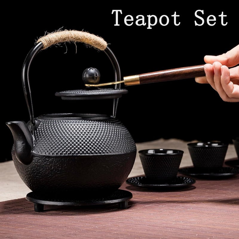 YJX 40.6 fl oz Cast Iron Teapot Set, Japanese Tetsubin Tea Set with Cast Iron Teacups, Small Tea Kettle Set with Strainer for Loose Tea, Enameled Interior (1200ml Tea Set with Cups and Saucers) - Image 2