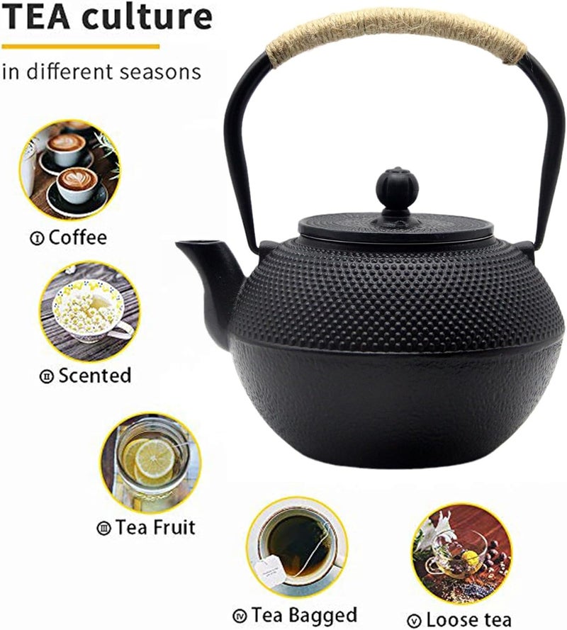YJX 40.6 fl oz Cast Iron Teapot Set, Japanese Tetsubin Tea Set with Cast Iron Teacups, Small Tea Kettle Set with Strainer for Loose Tea, Enameled Interior (1200ml Tea Set with Cups and Saucers) - Image 4