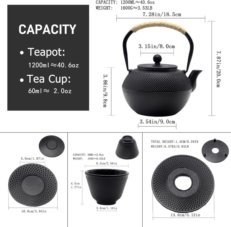 YJX 40.6 fl oz Cast Iron Teapot Set, Japanese Tetsubin Tea Set with Cast Iron Teacups, Small Tea Kettle Set with Strainer for Loose Tea, Enameled Interior (1200ml Tea Set with Cups and Saucers) - Image 5