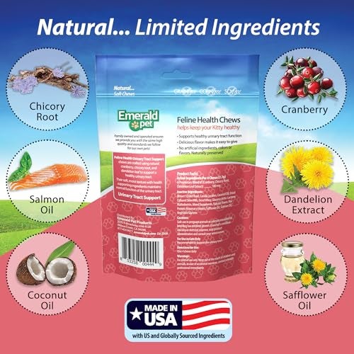Emerald Pet Feline Health Chews UT Support — Natural Grain Free Urinary Tract Health Cat Chews — Cat Urinary Supplements with Cranberry, Chicory Root, and Dandelion Leaf Extract — Made in USA, 2.5 oz - Image 4