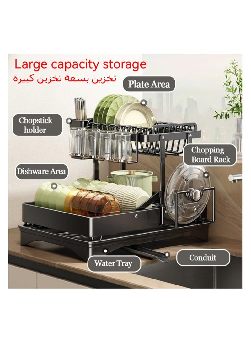 Anmi 2-Tier Foldable Dish Rack with Water Conduit, Large Capacity Kitchen Utensil Drawer Rack, Black - Image 2