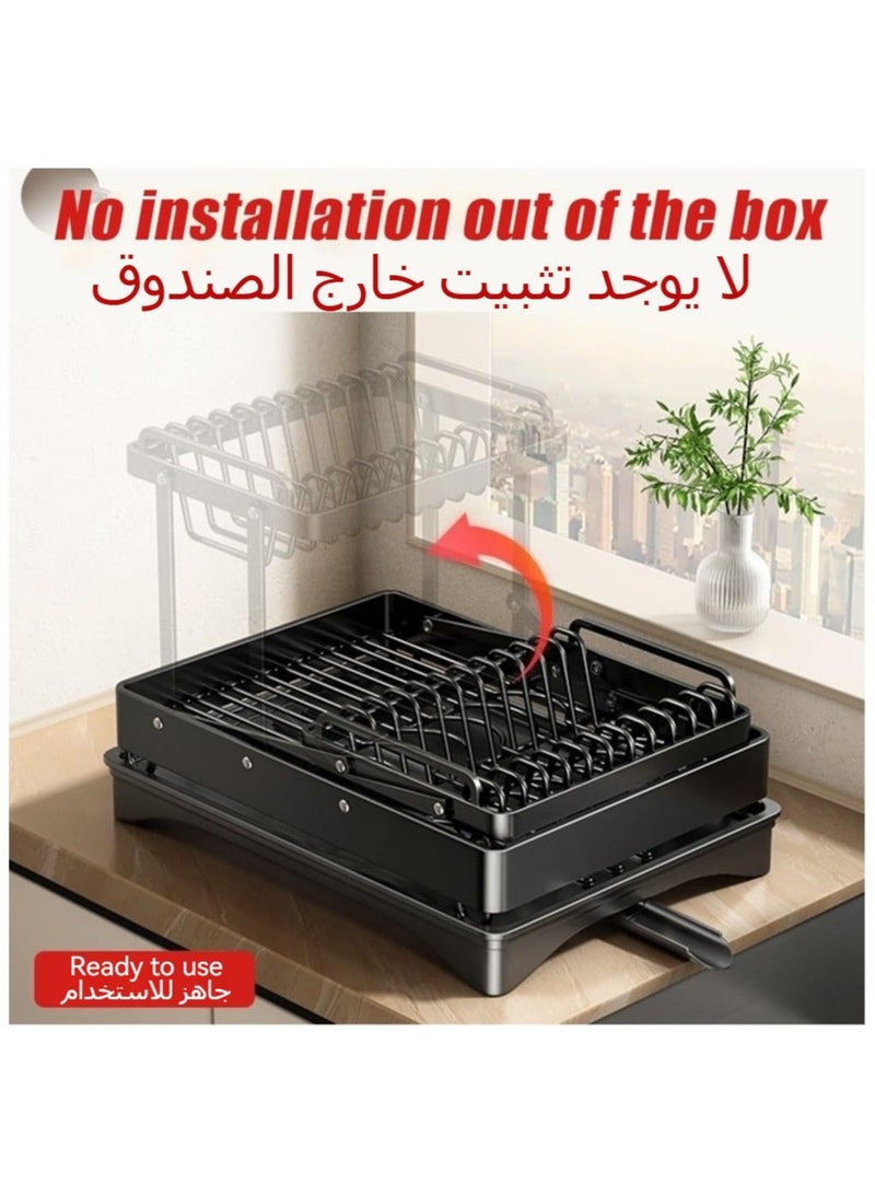 Anmi 2-Tier Foldable Dish Rack with Water Conduit, Large Capacity Kitchen Utensil Drawer Rack, Black - Image 4