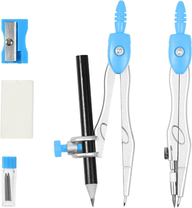 Vobou 10 Pieces Math Geometry Kit Set Student Supplies with Shatterproof Storage Box,Includes Rulers,Protractor,Compass,Eraser,Pencil Sharpener,Lead Refills,Pencil,for School and Drawings（Blue） - Image 3