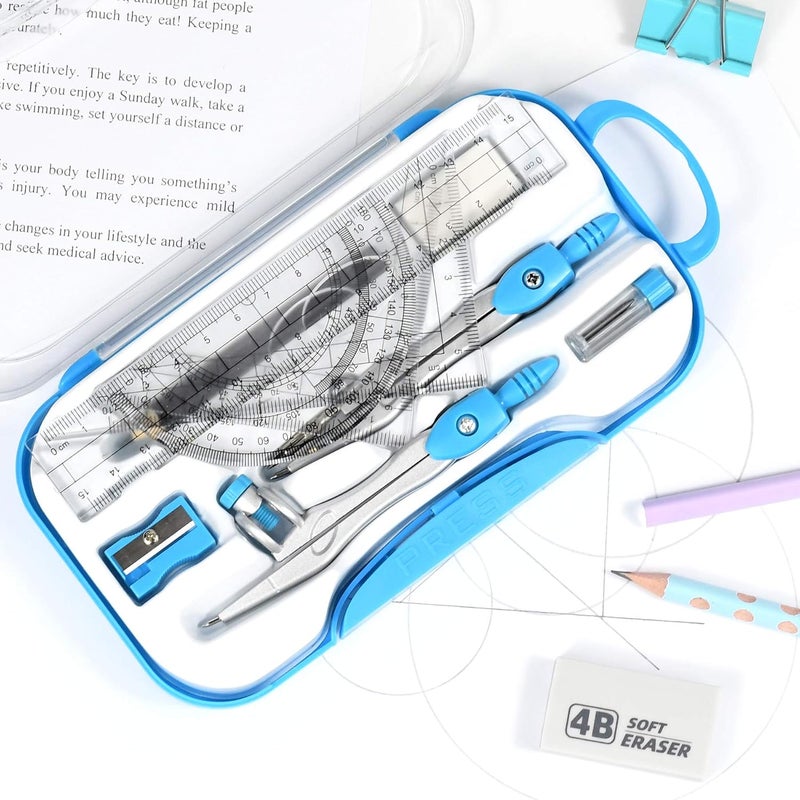 Vobou 10 Pieces Math Geometry Kit Set Student Supplies with Shatterproof Storage Box,Includes Rulers,Protractor,Compass,Eraser,Pencil Sharpener,Lead Refills,Pencil,for School and Drawings（Blue） - Image 2