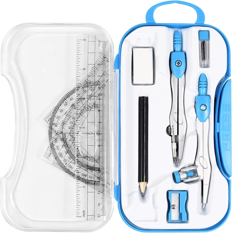 Vobou 10 Pieces Math Geometry Kit Set Student Supplies with Shatterproof Storage Box,Includes Rulers,Protractor,Compass,Eraser,Pencil Sharpener,Lead Refills,Pencil,for School and Drawings（Blue） - Image 1