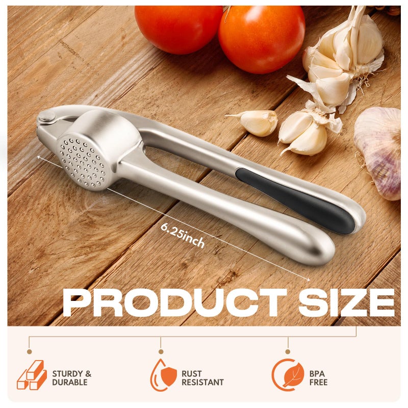 SRISE Kitchen Garlic Press, Rust Proof & Dishwasher Safe Garlic Mincer, Durable Garlic Crusher Set with Peelerï¼†Brush, Easy to Clean and Squeeze, Matte - Image 2