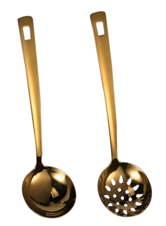 Forieru 2-Pack Gold Soup Ladle With Colander, 9.5 Inch Heavy Duty Stainless Steel Hotpot Serving Spoons, Kitchen Stirring Utensils (Gold) - Image 1