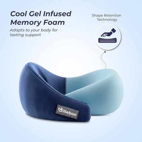 Billebon Gel Infused Memory Foam Neck Pillow, Travel Pillow with Adjustable Velcro Straps, Neck Pillow for Travelling & Flight Travel, Ergonomic Support for Comfort & Pain Relief (Navy Blue) - Image 2