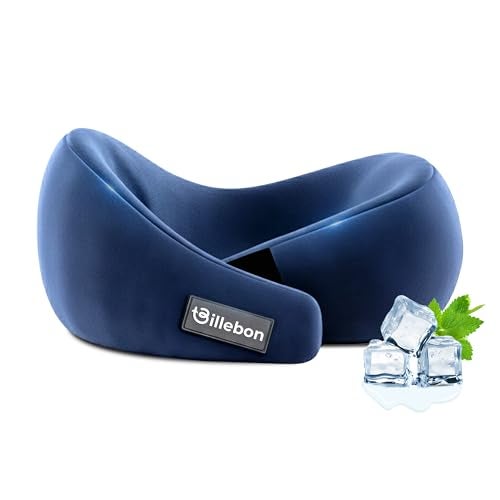 Billebon Gel Infused Memory Foam Neck Pillow, Travel Pillow with Adjustable Velcro Straps, Neck Pillow for Travelling & Flight Travel, Ergonomic Support for Comfort & Pain Relief (Navy Blue) - Image 1