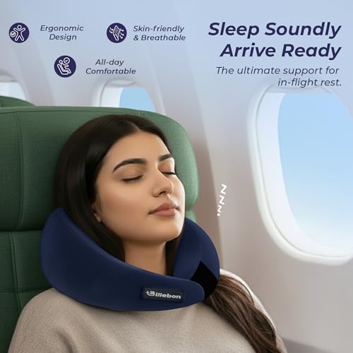 Billebon Gel Infused Memory Foam Neck Pillow, Travel Pillow with Adjustable Velcro Straps, Neck Pillow for Travelling & Flight Travel, Ergonomic Support for Comfort & Pain Relief (Navy Blue) - Image 4