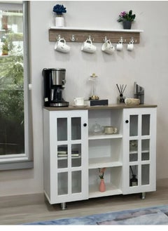 AGD Coffee Cabinet, Wide Wooden Top, Open Shelves, Glass Window Doors with Wooden Spice Rack and Cup Hanging, Perfect for Living Room, Kitchen, Office in White  - Image 1
