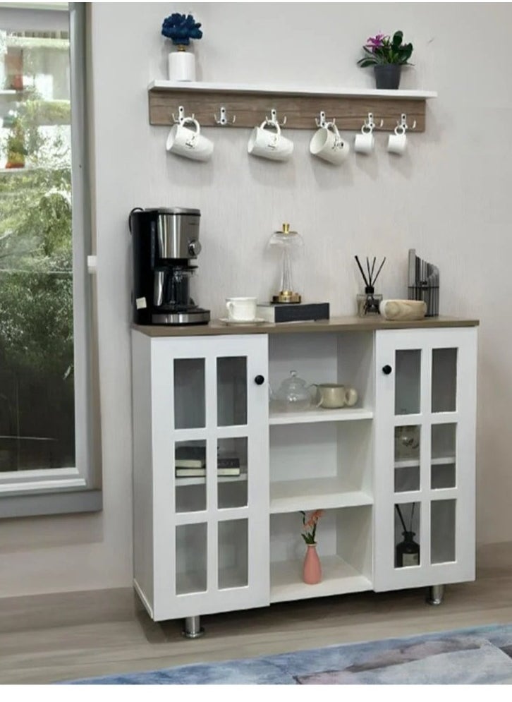 AGD Coffee Cabinet, Wide Wooden Top, Open Shelves, Glass Window Doors with Wooden Spice Rack and Cup Hanging, Perfect for Living Room, Kitchen, Office in White  - Image 1