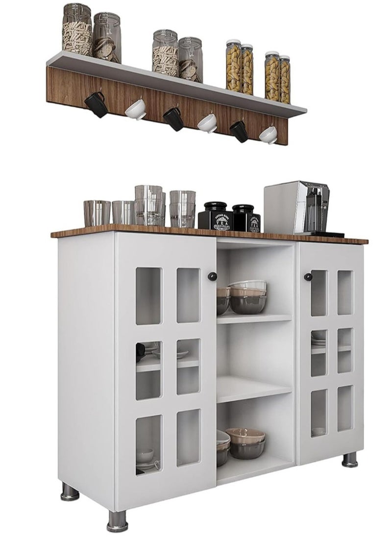 AGD Coffee Cabinet, Wide Wooden Top, Open Shelves, Glass Window Doors with Wooden Spice Rack and Cup Hanging, Perfect for Living Room, Kitchen, Office in White  - Image 3