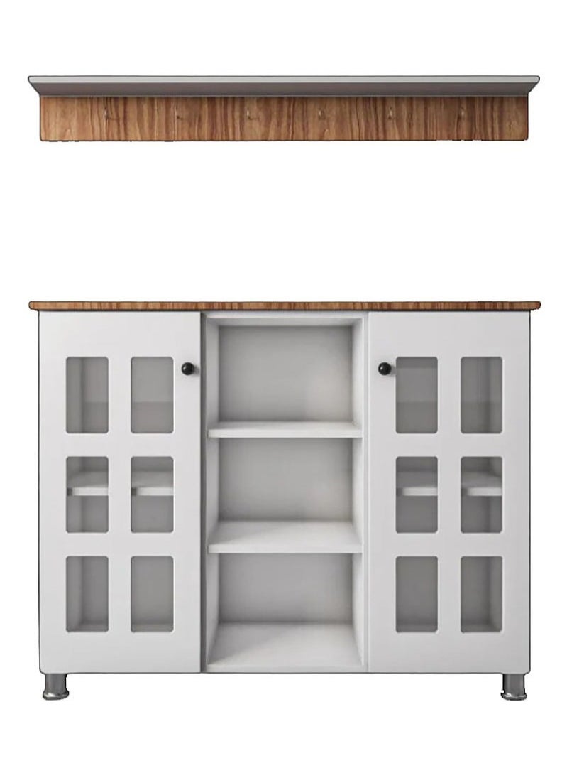 AGD Coffee Cabinet, Wide Wooden Top, Open Shelves, Glass Window Doors with Wooden Spice Rack and Cup Hanging, Perfect for Living Room, Kitchen, Office in White  - Image 4