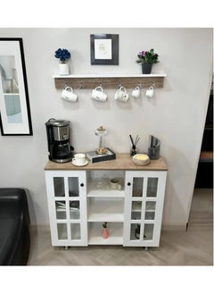 AGD Coffee Cabinet, Wide Wooden Top, Open Shelves, Glass Window Doors with Wooden Spice Rack and Cup Hanging, Perfect for Living Room, Kitchen, Office in White  - Image 5