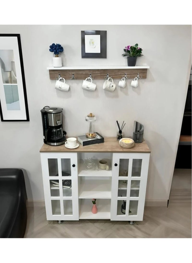 AGD Coffee Cabinet, Wide Wooden Top, Open Shelves, Glass Window Doors with Wooden Spice Rack and Cup Hanging, Perfect for Living Room, Kitchen, Office in White  - Image 5