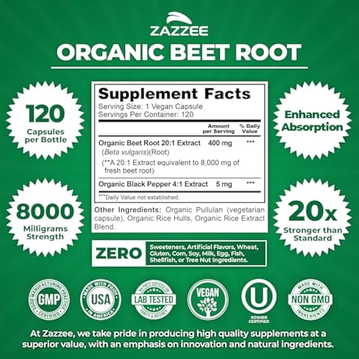 Zazzee USDA Organic Beet Root 8000 mg Strength 20:1 Extract, 120 Vegan Quick Release Capsules, Black Pepper Extract for Enhanced Absorption, Supports Nitric Oxide Production, Non-GMO, Made in The USA - Image 4