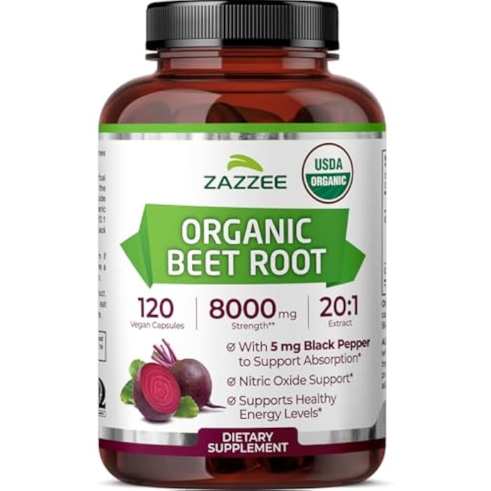 Zazzee USDA Organic Beet Root 8000 mg Strength 20:1 Extract, 120 Vegan Quick Release Capsules, Black Pepper Extract for Enhanced Absorption, Supports Nitric Oxide Production, Non-GMO, Made in The USA - Image 1