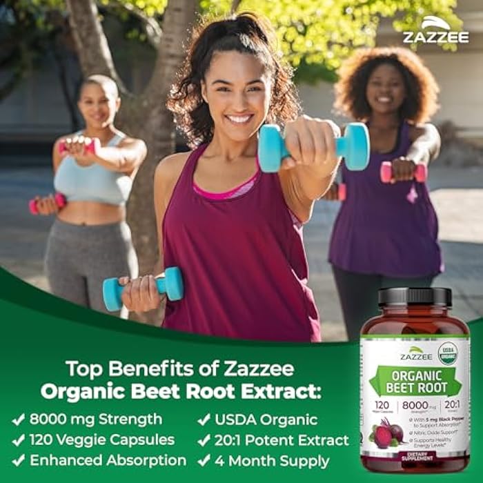 Zazzee USDA Organic Beet Root 8000 mg Strength 20:1 Extract, 120 Vegan Quick Release Capsules, Black Pepper Extract for Enhanced Absorption, Supports Nitric Oxide Production, Non-GMO, Made in The USA - Image 2