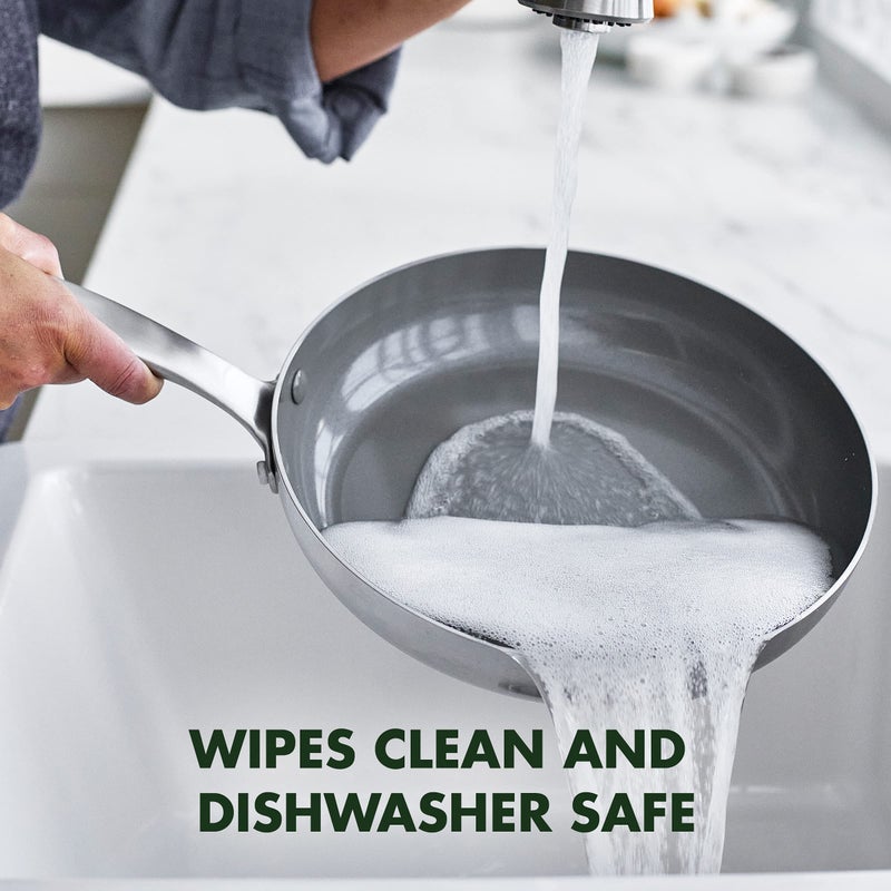 Greenpan مقلاة قلاية خضراء بان تشاتام ثلاثية الطبقات من الفولاذ المقاوم للصدأ، سيراميك صحي غير لاصق 9.5 بوصة، خالية من PFAS، متعددة الطبقات، مناسبة للحرارة، آمنة في غسالة الصحون، آمنة في الفرن، فضية - Image 4