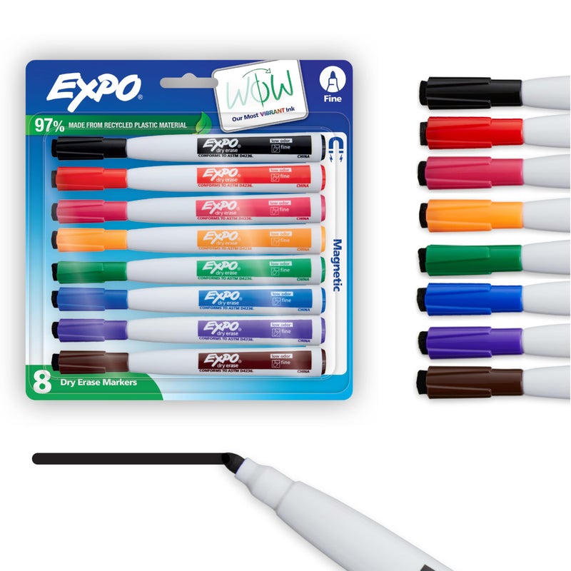 Expo Markers جافة قابلة للمسح مغناطيسية من إكسبو مع ممحاة، طرف رفيع، متنوعة، 8 قطع - Image 1