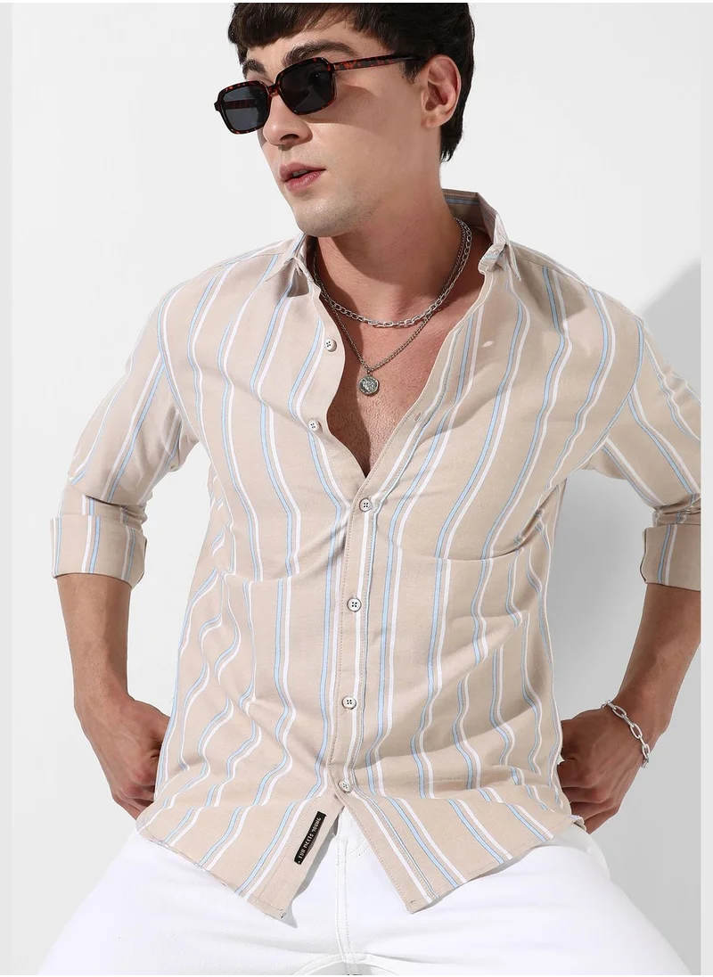Campus Sutra Striped Spread Collar Long Sleeve Shirt