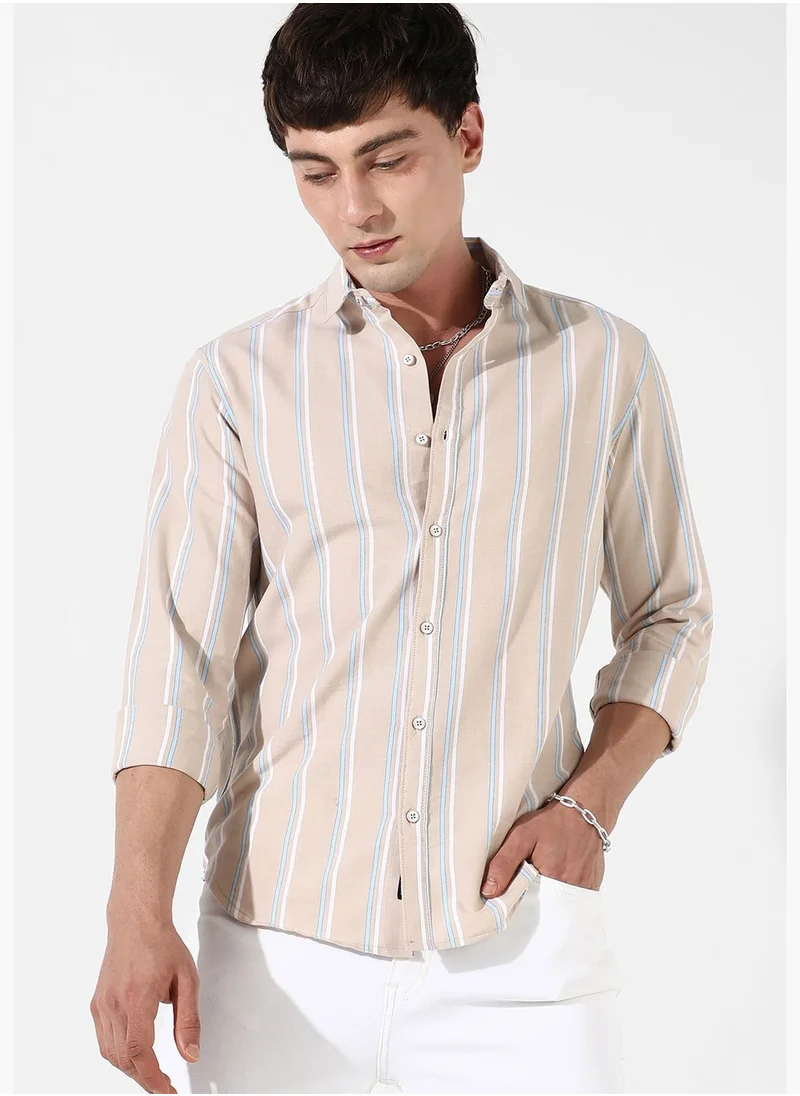 Campus Sutra Striped Spread Collar Long Sleeve Shirt