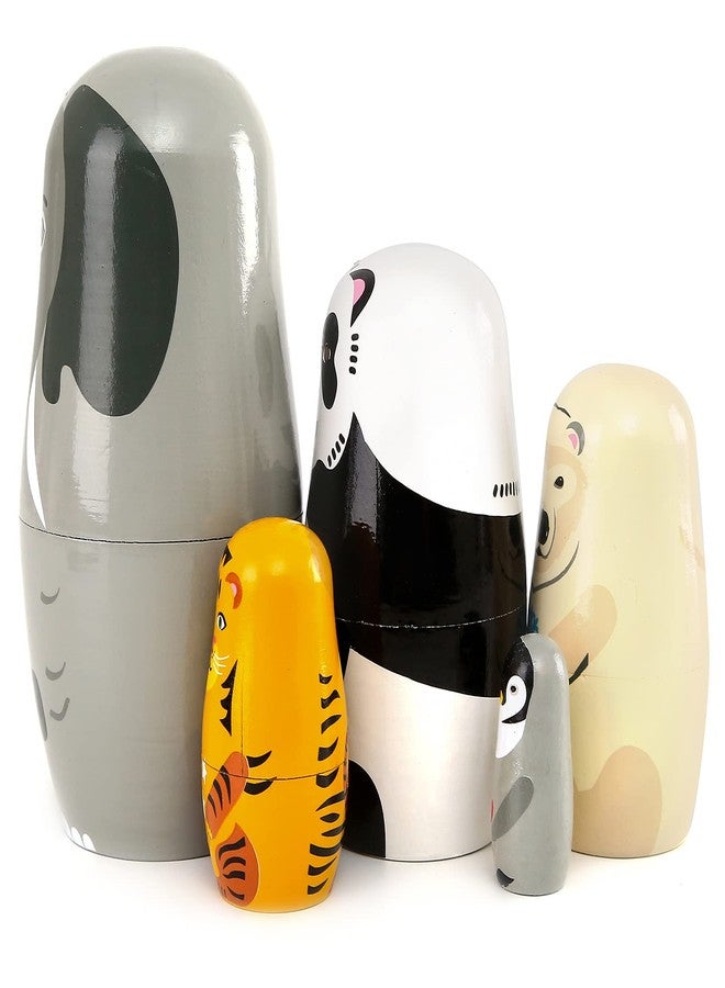 Moonmo 5pcs Handmade Wooden Animal Nesting Dolls - Elephant & Panda, Traditional Russian Matryoshka Gift - Image 4
