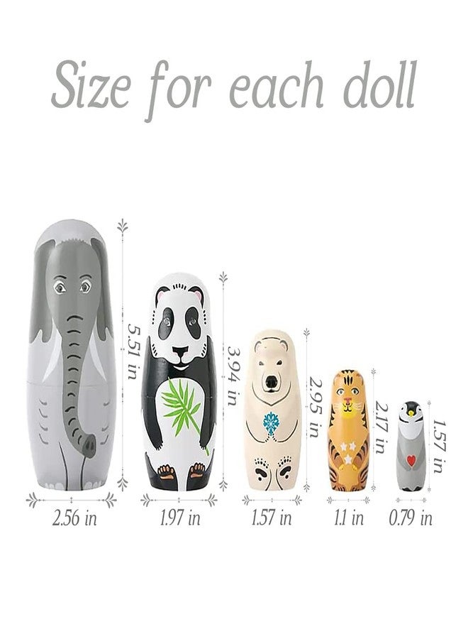 Moonmo 5pcs Handmade Wooden Animal Nesting Dolls - Elephant & Panda, Traditional Russian Matryoshka Gift - Image 3