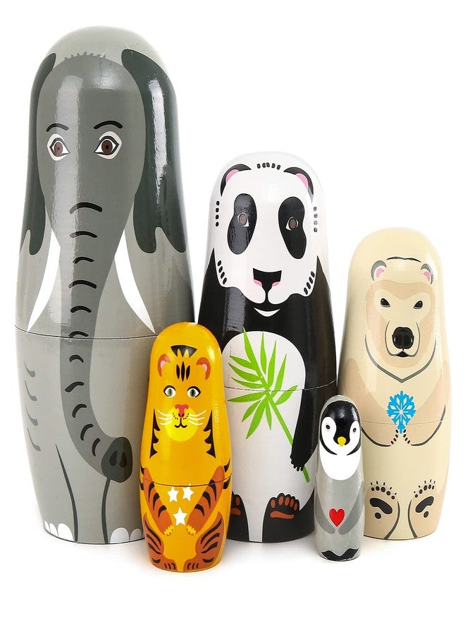 Moonmo 5pcs Handmade Wooden Animal Nesting Dolls - Elephant & Panda, Traditional Russian Matryoshka Gift - Image 1