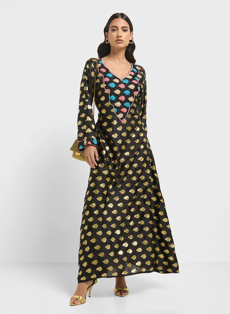 ARABIAN CLOSET Embellished Belted Jalabiya