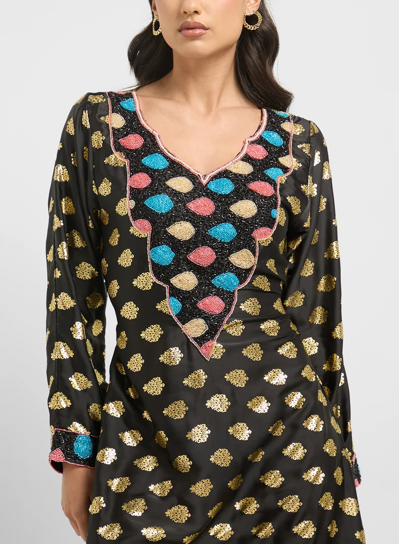 ARABIAN CLOSET Embellished Belted Jalabiya