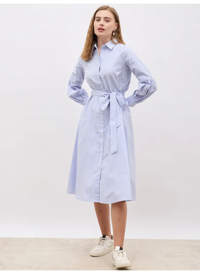 ستايلي Styli Striped Long Sleeve Belted Shirt Midi Dress