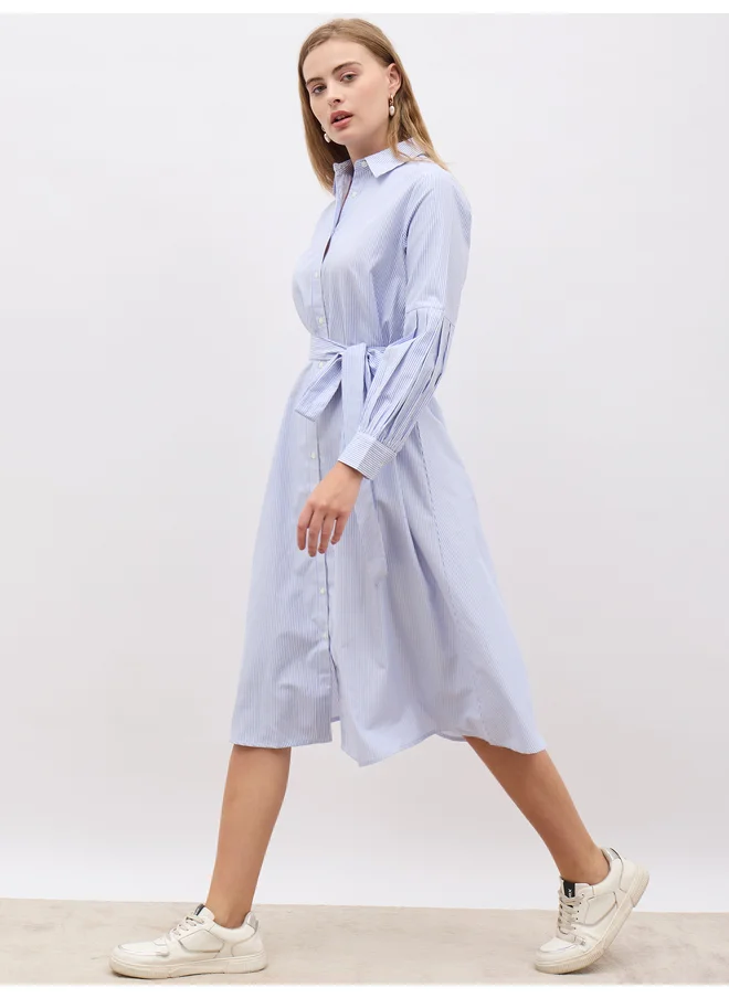 ستايلي Styli Striped Long Sleeve Belted Shirt Midi Dress