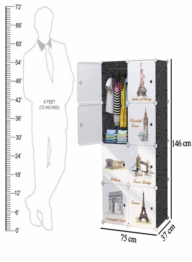 Oumffy Almirah for Clothes,Plastic Wardrobe for Clothes Collapsible Wardrobe for Kids Clothes/Toy/Book, Baby Cupboard for Clothes Storage in Bedroom Nursery,Cartoon (Black, 8-Shelf-8-Door) - Image 2