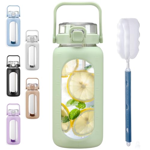 BLUEGO 64oz Glass Water Bottles with Straw Time Marker Half Gallon Large Motivational Water Bottle with Silicone Sleeve 2 Liter Large Glass Water Jug for Gym Sports Workout Daily Green