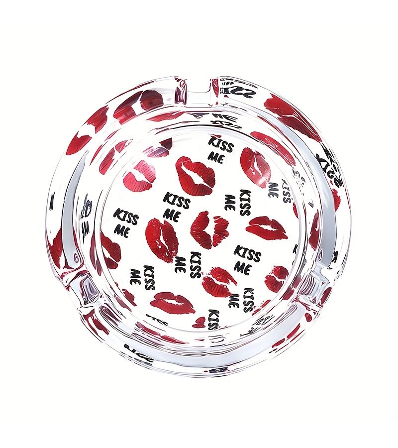 Sexy Red Lips Pattern Glass Ashtray 3.34 Inch Round Decorative Ashtray Halloween Gift Creative Birthday Present - Image 1