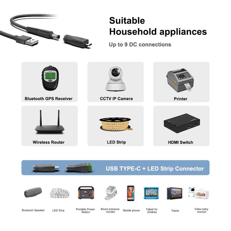 اتش كي واي كابل USB عالمي من ، كابل تحويل من USB-A ذكر إلى مقبس DC فارغ لمصدر الطاقة، كابل طاقة DC للمكبرات الصوتية الصغيرة، محور USB، مروحة USB، مصباح LED، قارئ - Image 4