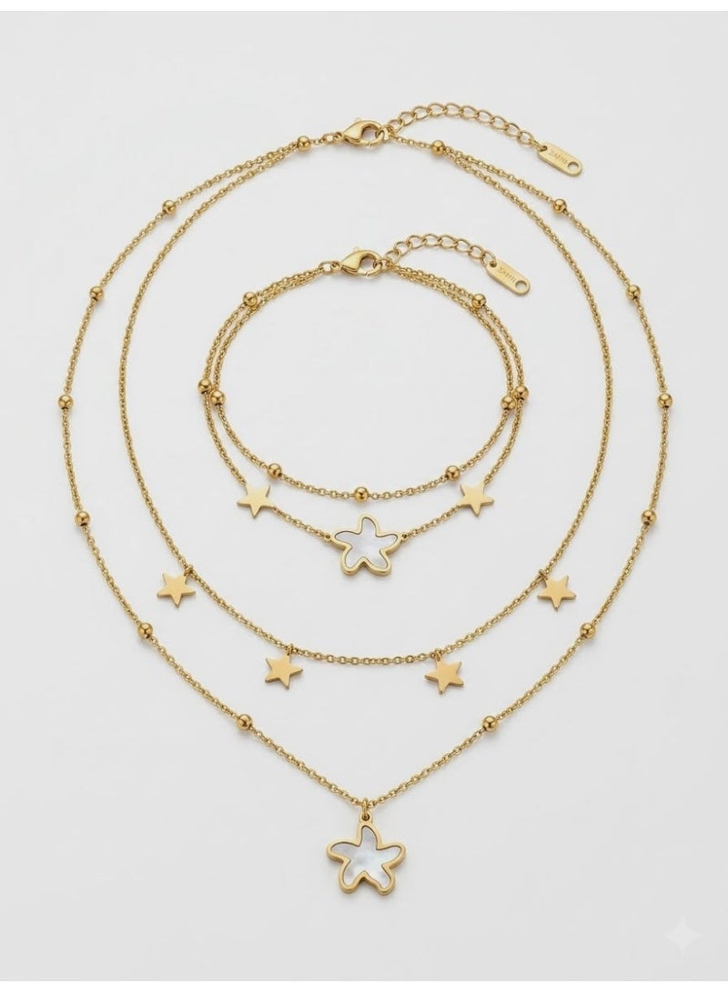 Women's Double Layer Stainless Steel Jewelry Set - Multi-Shape Necklace and Bracelet (Gold 7) - Image 2