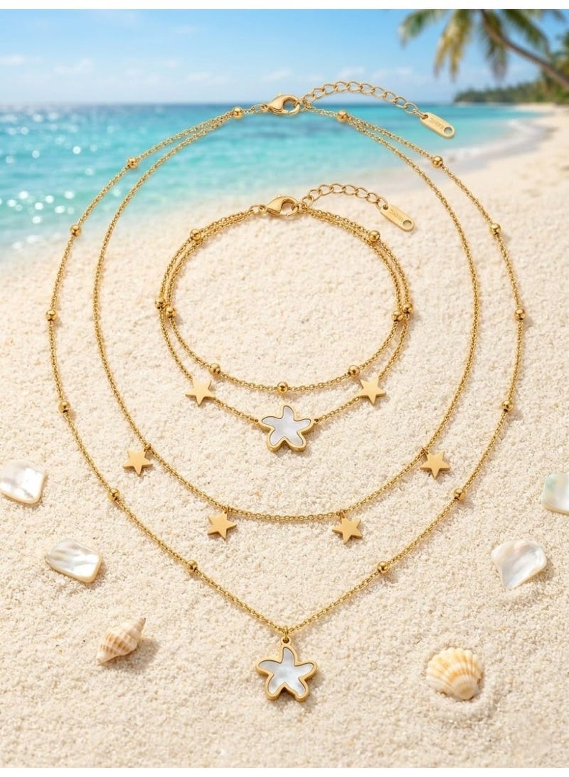 Women's Double Layer Stainless Steel Jewelry Set - Multi-Shape Necklace and Bracelet (Gold 7) - Image 3