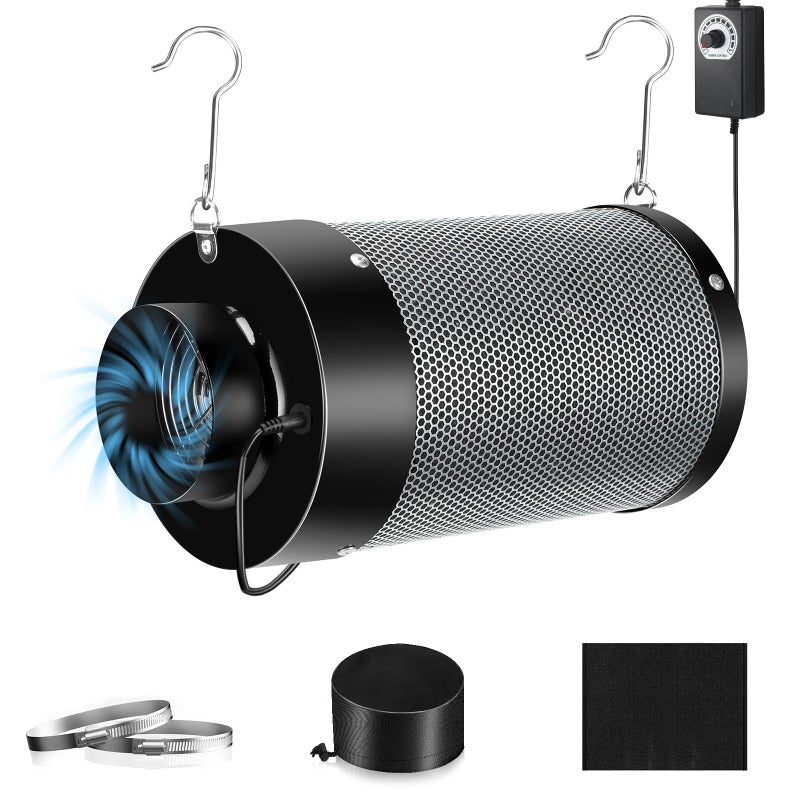 ATOUR 4 Inch Air Carbon Filter with Australian Virgin Charcoal â€“ Odor Control. Built-in 5.5" Quiet Fan with Speed Control, for Inline Duct Fans & Grow Tents. Includes Vent Cover + Pre-Filter 4"x13.4" - Image 1