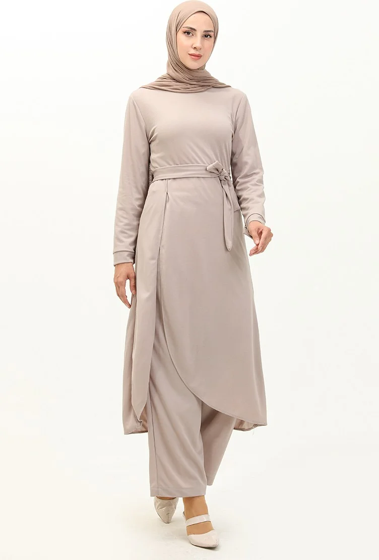 Sefa Merve Slit Tunic Trousers Two Piece Set 0664-05 Beige