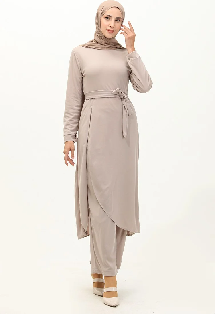 Sefa Merve Slit Tunic Trousers Two Piece Set 0664-05 Beige