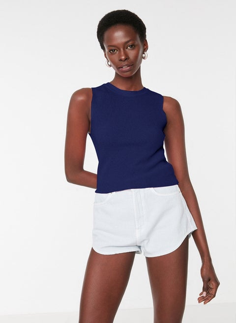 Navy Blue Crew Neck Crop Thin Blouse