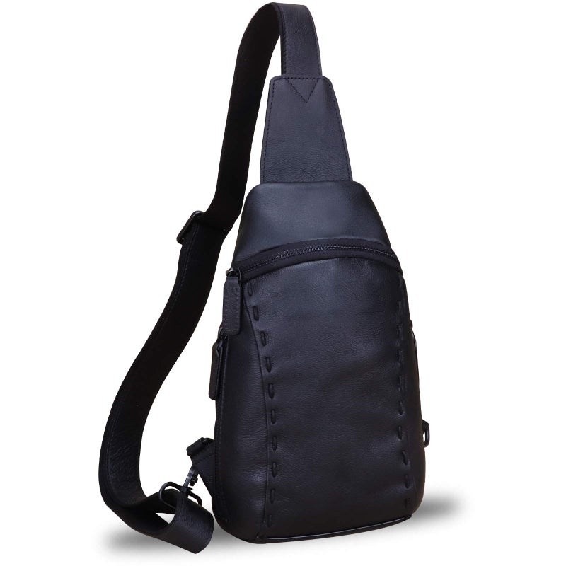 LRTO Genuine Leather Silng Bag for Women and Men Vintage Real Leather Sling Backpack Shoulder Crossbody Bag Chest Purse Black