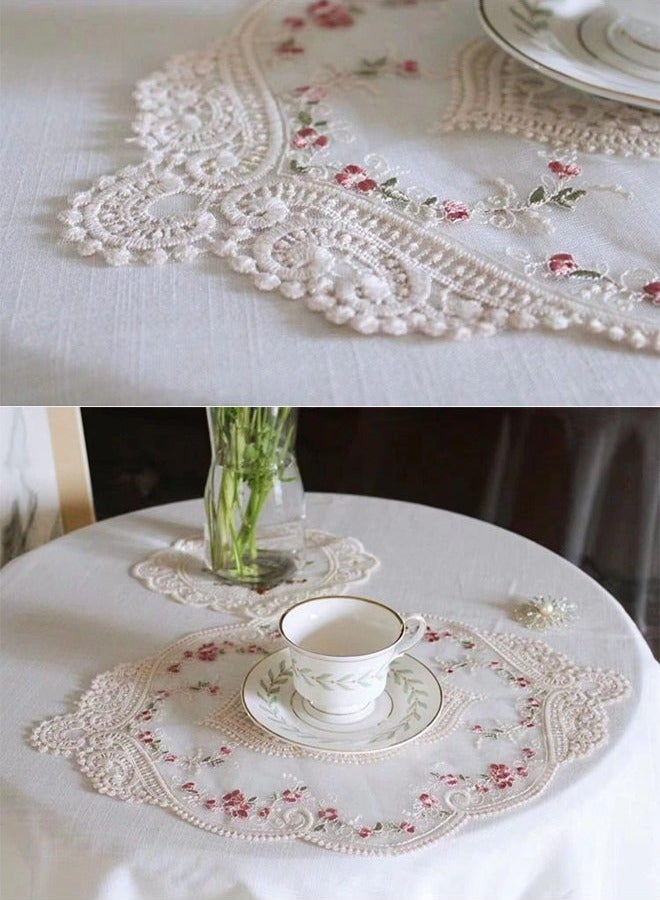 2 Pieces Retro Lace Placemats, Floral Decor Circle Placemats, Handmade Embroidered Table Mats, Washable Lace Cutwork Placemats - Image 3