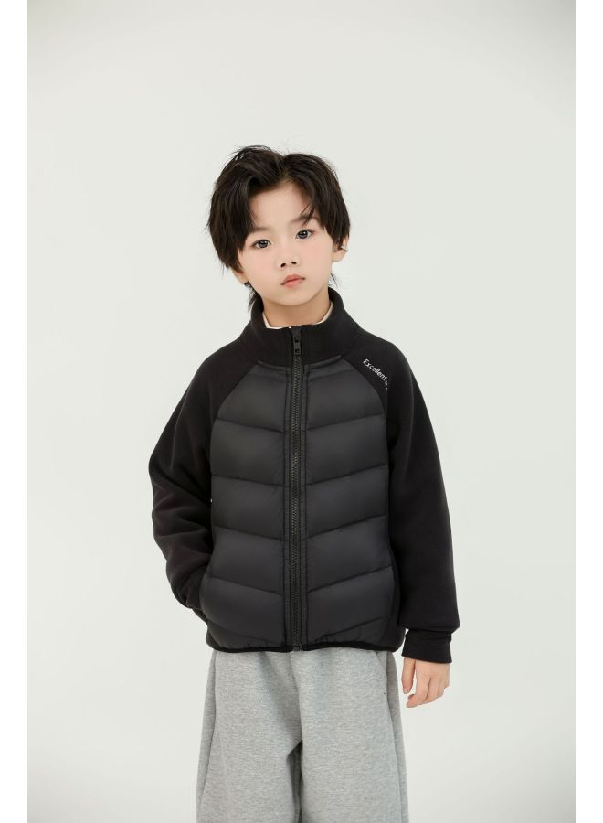 Autumn Winter 90% Duck Down Outdoor Sports Men Women Kids Stand Collar Short Style Polar Fleece Paneled Down Jacket